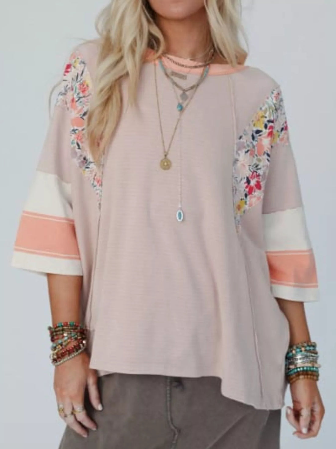 Striped Floral Long Sleeve T-Shirt - cas7m