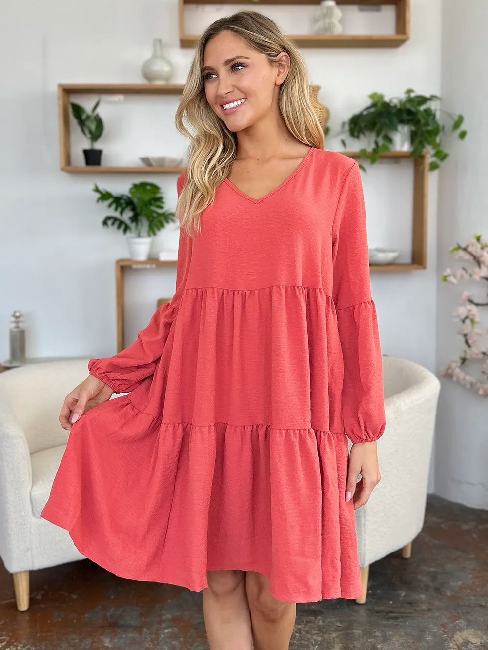 Double Take Full Size V-Neck Balloon Sleeve Tiered Dress with Pockets - cas7m