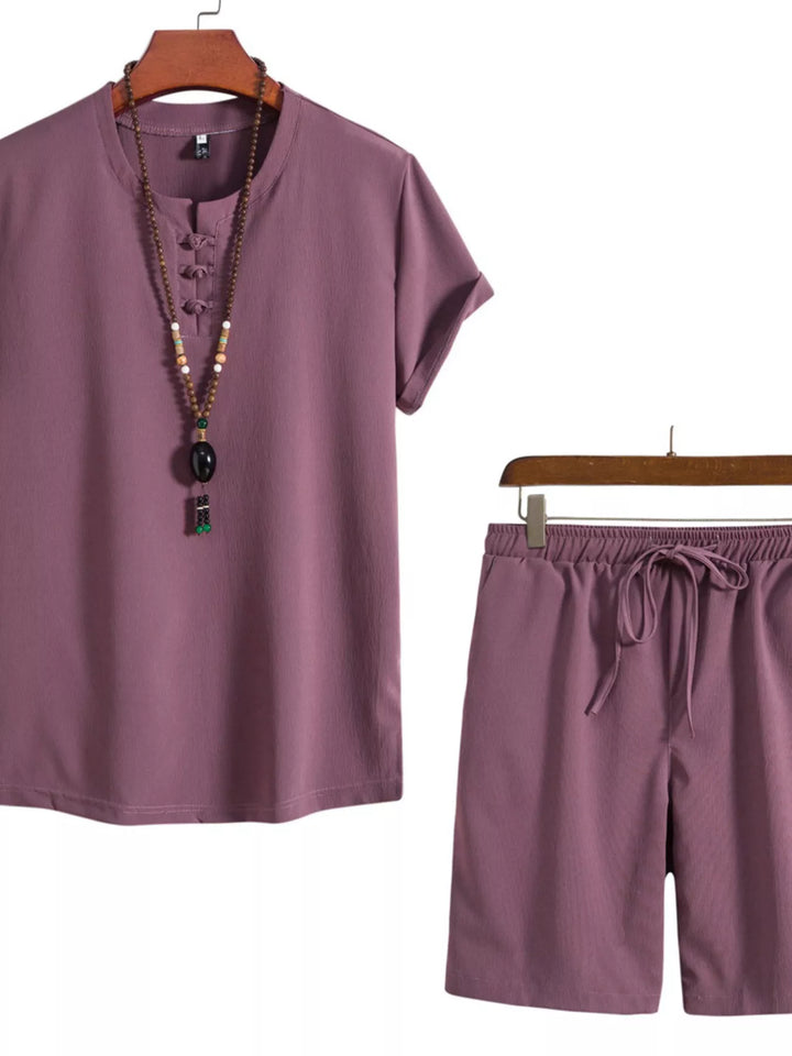 Men's Plus Size Mandarin Collar Short Sleeve Shirt and Shorts Set - cas7m