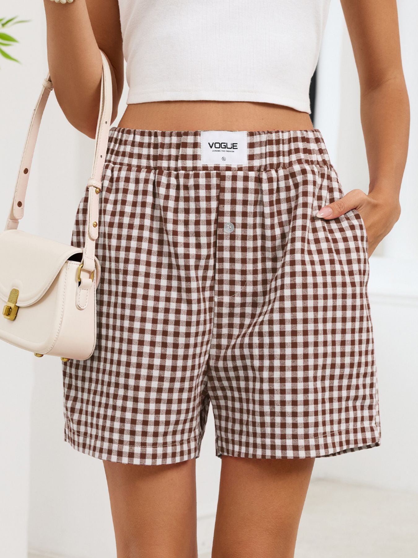 Gingham Elastic Waist Casual Shorts - cas7m