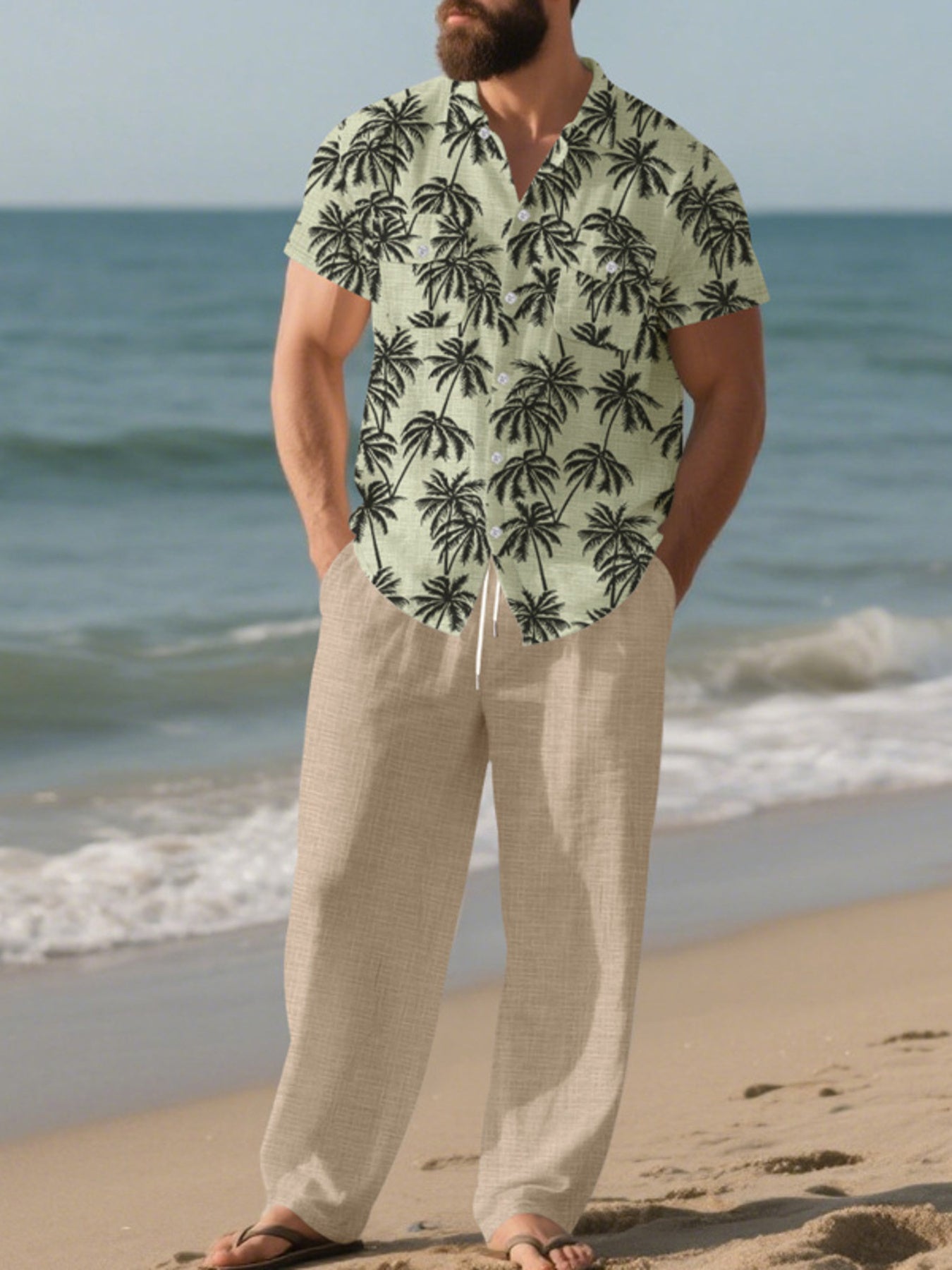 Men's Full Size Tropical Palm Print Button Up Shirt and Pants Set Plus Size - cas7m