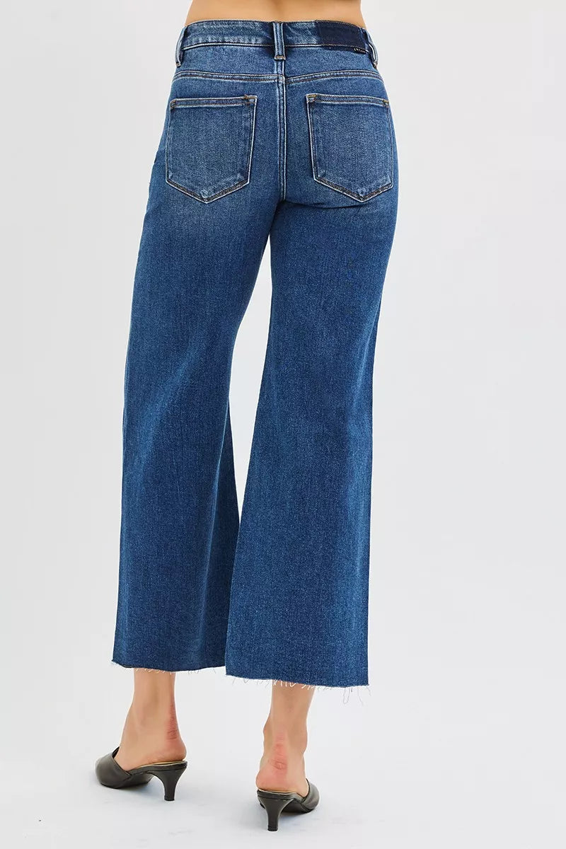 RISEN Full Size Mid Rise Crop Wide Raw Cut Hem Jeans Plus Size - cas7m