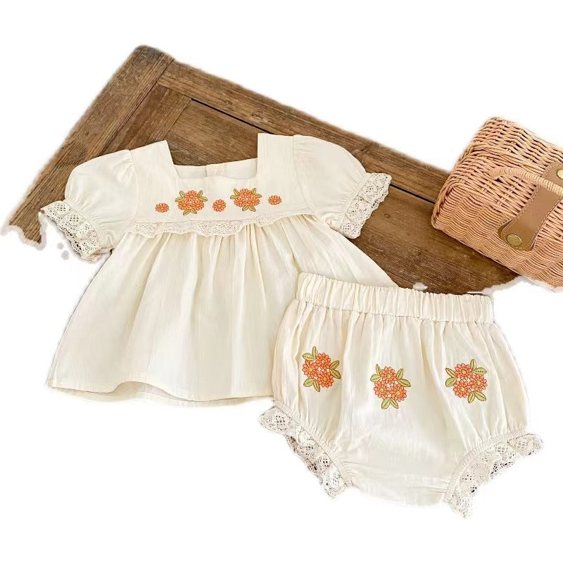 Girl Baby Flower Embroidered Short-sleeved Top - cas7m