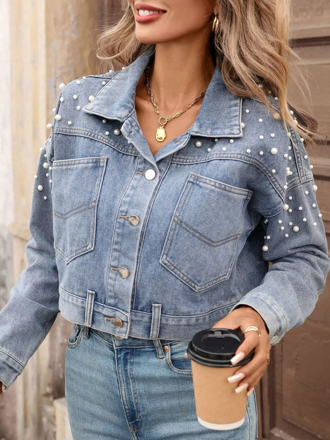 Pearl Embellished Cropped Denim Jacket - cas7m