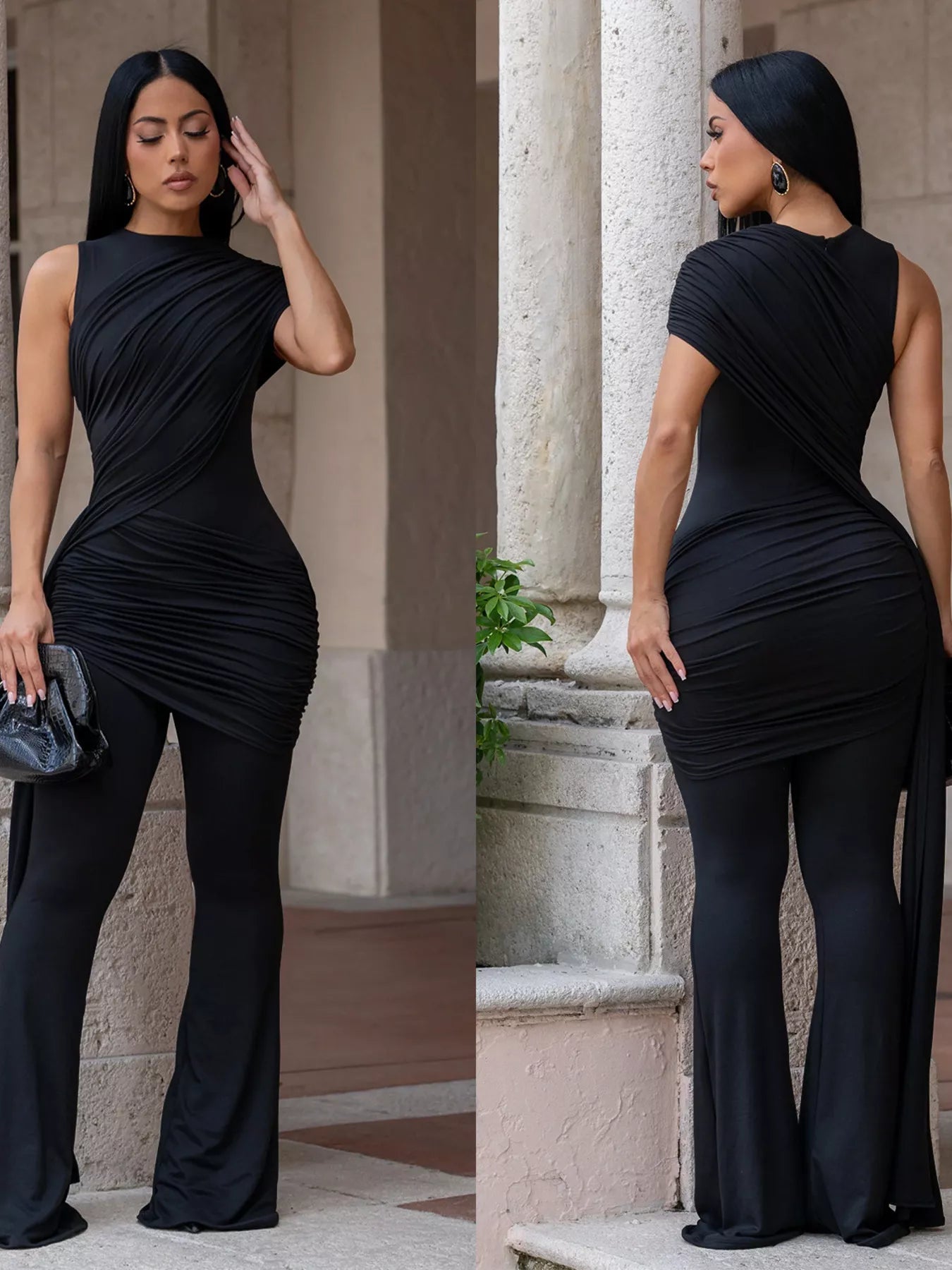 Ruched One-Shoulder Flare Leg Jumpsuit - cas7m