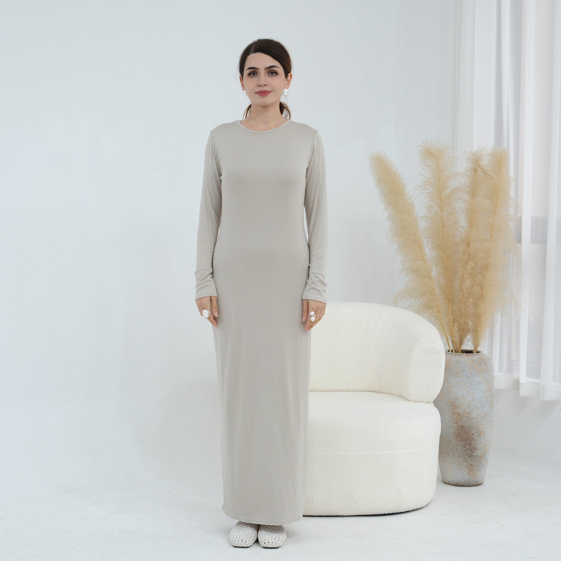 Plus-size Stretchy Long-sleeve Slip Dress - cas7m