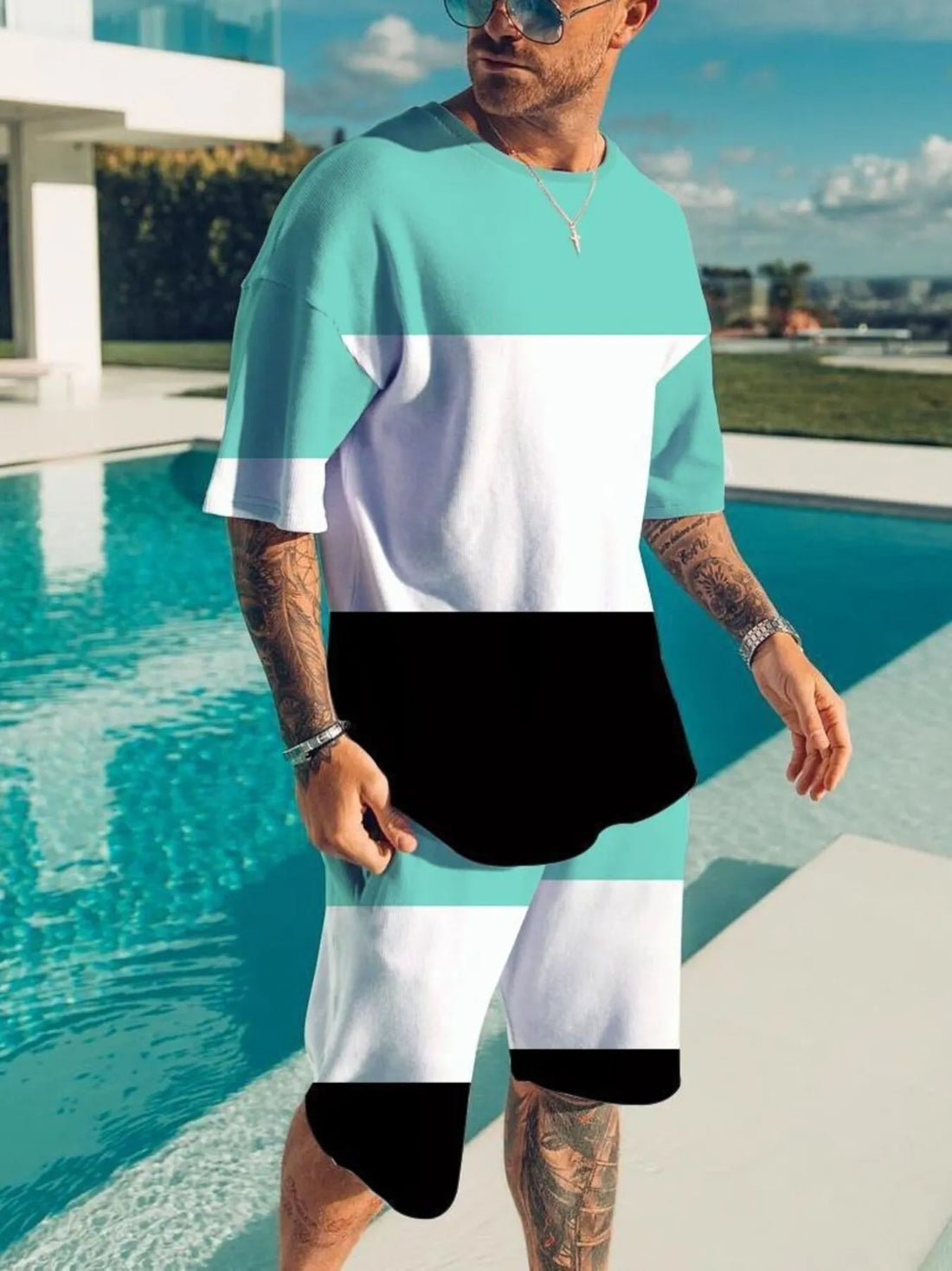 Men's Full Size Color Block Tee and Shorts Set Plus Size - cas7m