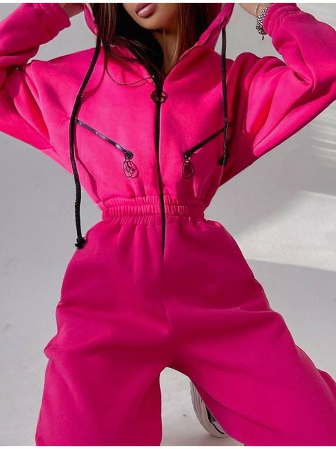Hooded Zip-Up Long Sleeve Jumpsuit - cas7m