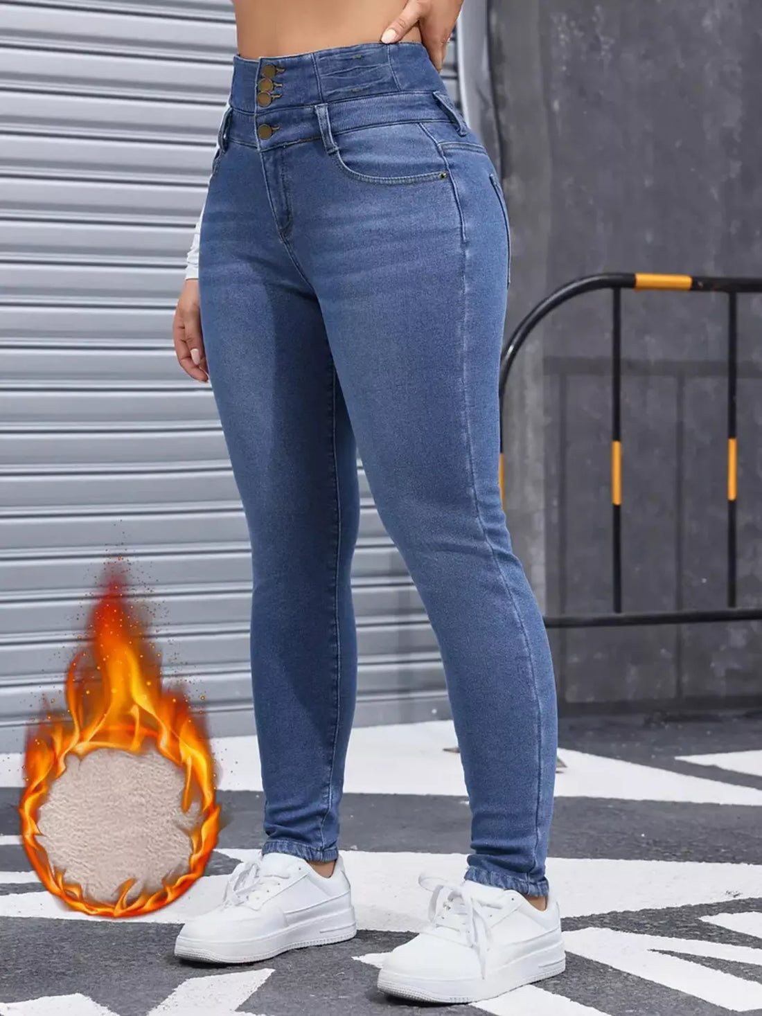 High-Waisted Slim Fit Fleece-Lined Jeans - cas7m