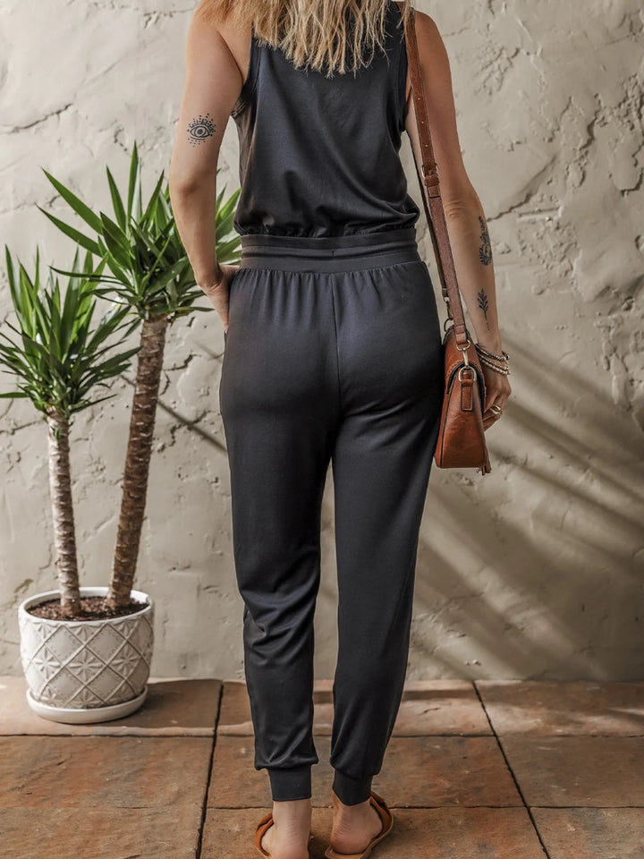 Tie Waist Sleeveless Jogger Jumpsuit - cas7m