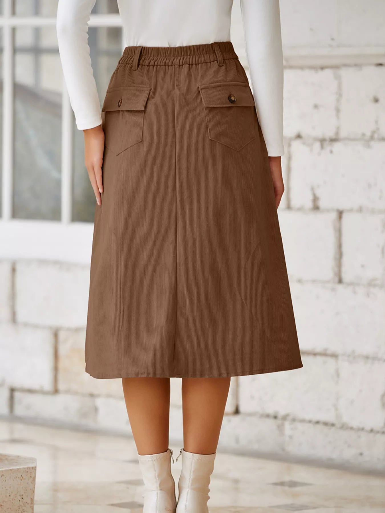 Front Slit Shift High Waist Midi Skirt - cas7m