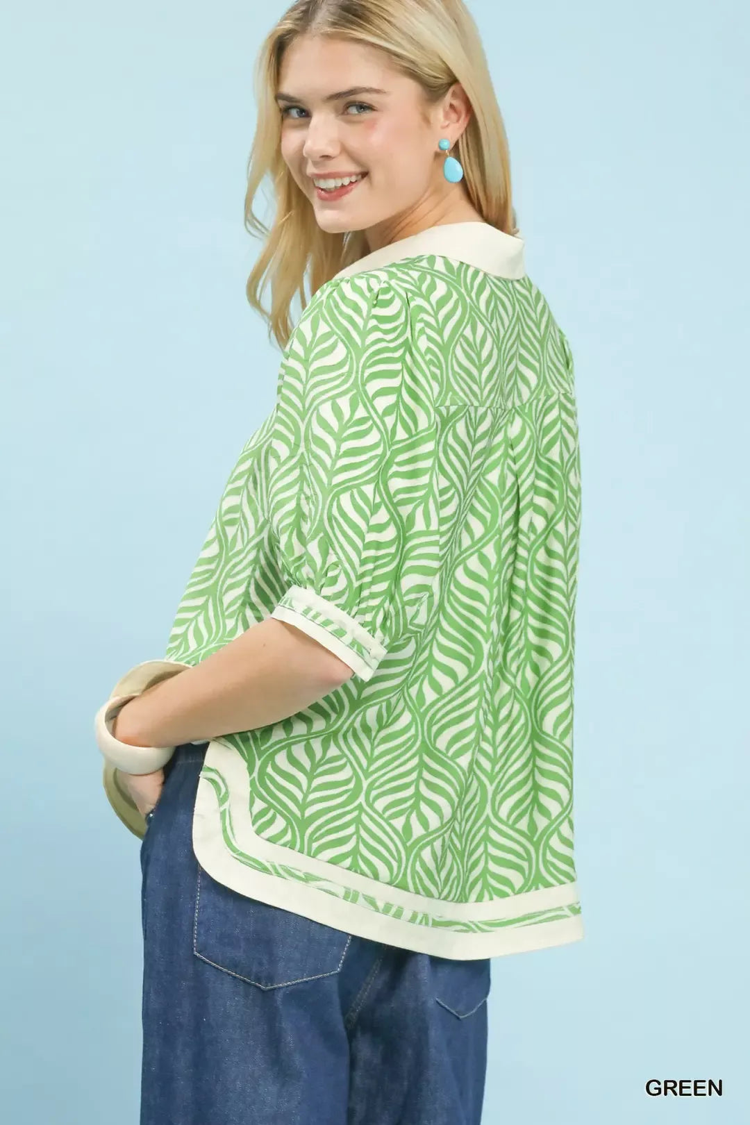 Umgee Geometric Leaf Print Popover Top - cas7m