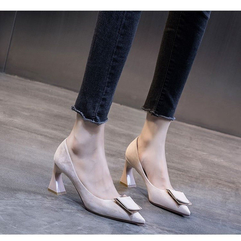 Nude Thick Mid-Heel Pointed Women's High Heels