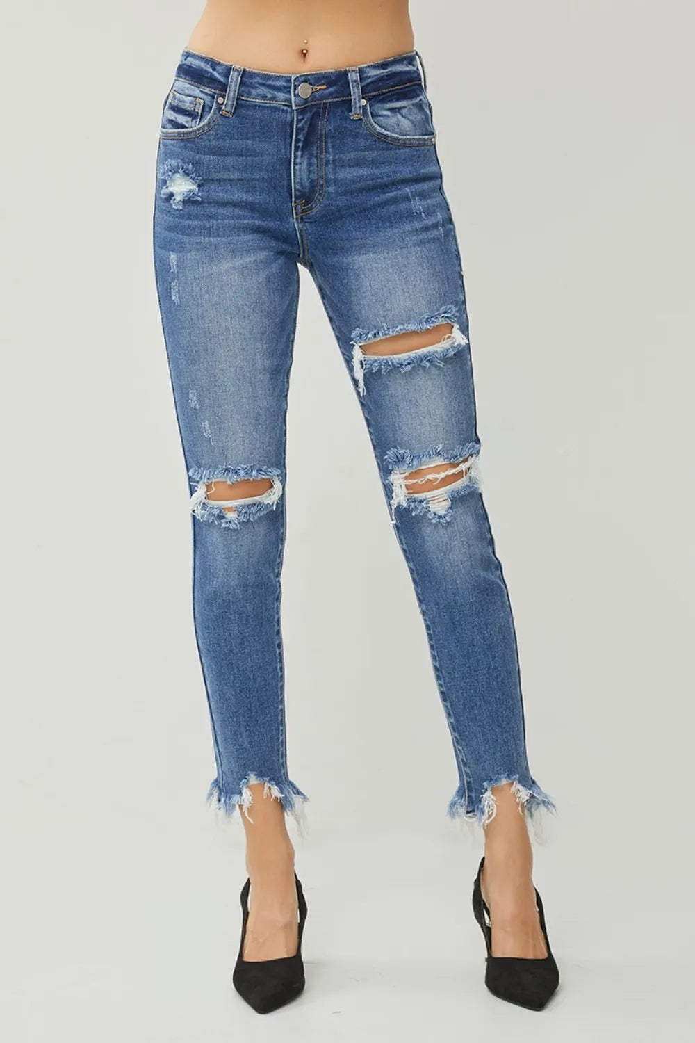 RISEN Distressed Frayed Hem Slim Jeans - cas7m