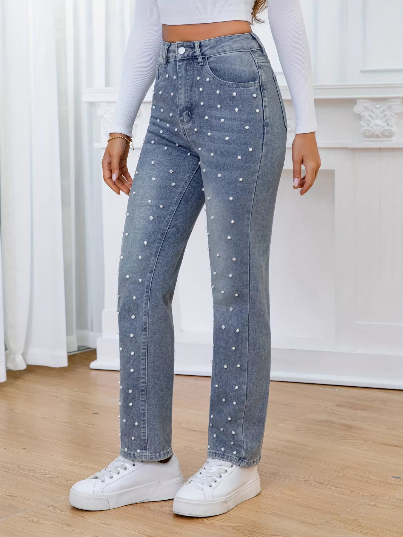 Pearl Embellished High Waist Straight Jeans - cas7m