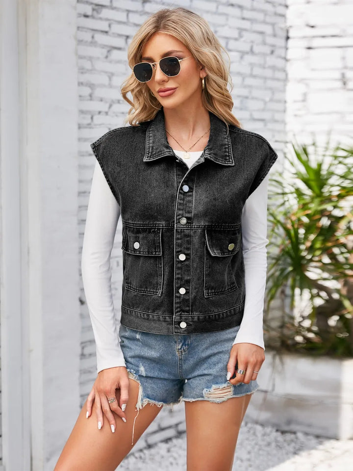 Cap Sleeve Denim Jacket with Pockets - cas7m