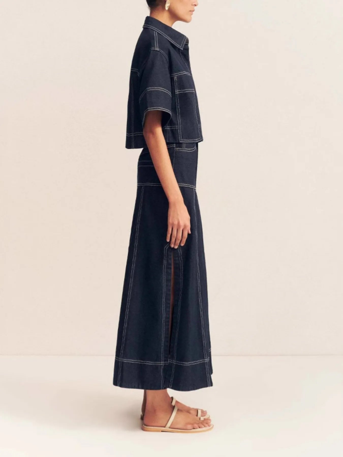 High-Waist Side Slit Contrast Stitch Denim Maxi Skirt - cas7m