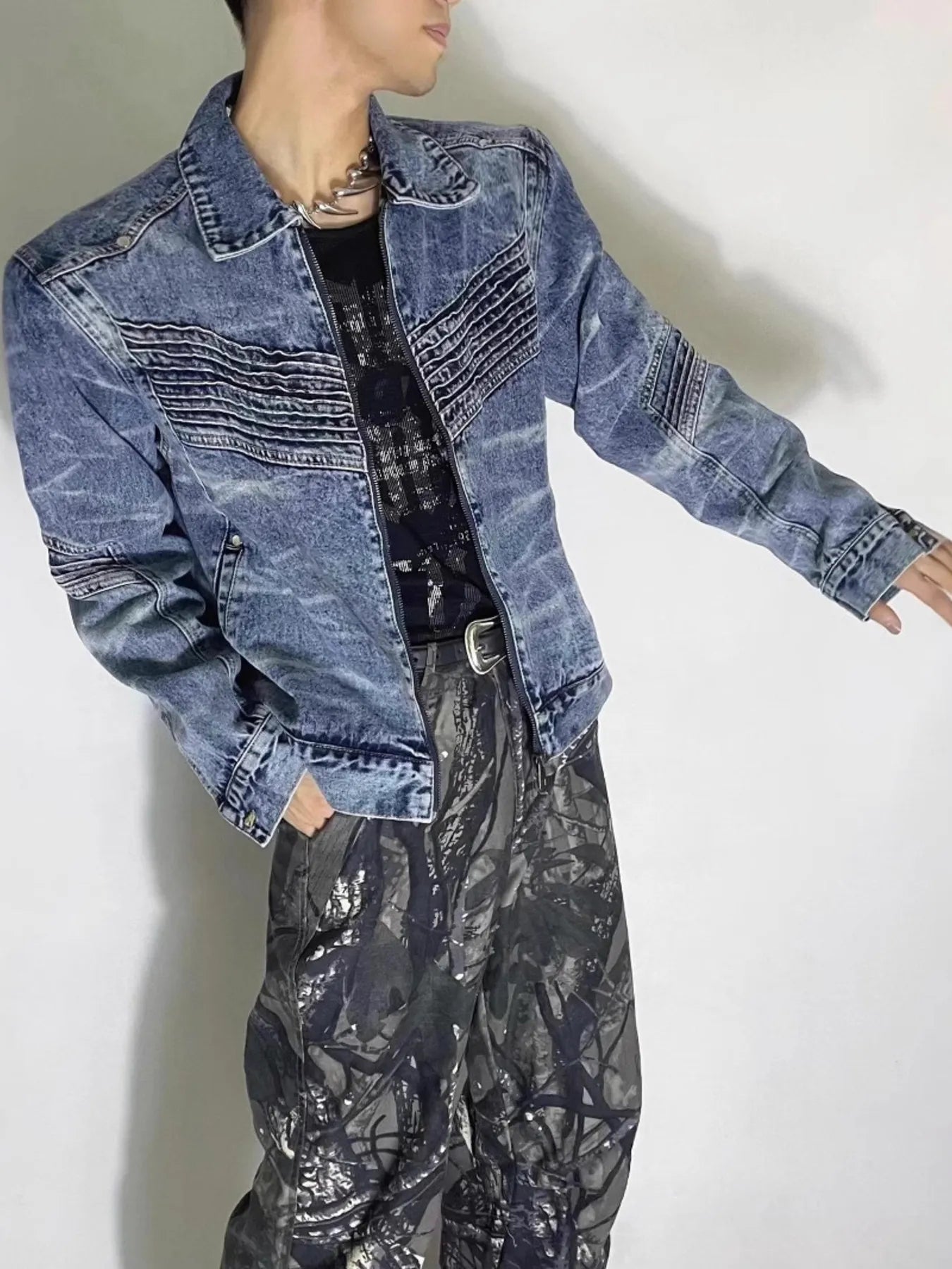 Men's Washed Zip Up Denim Jacket - cas7m