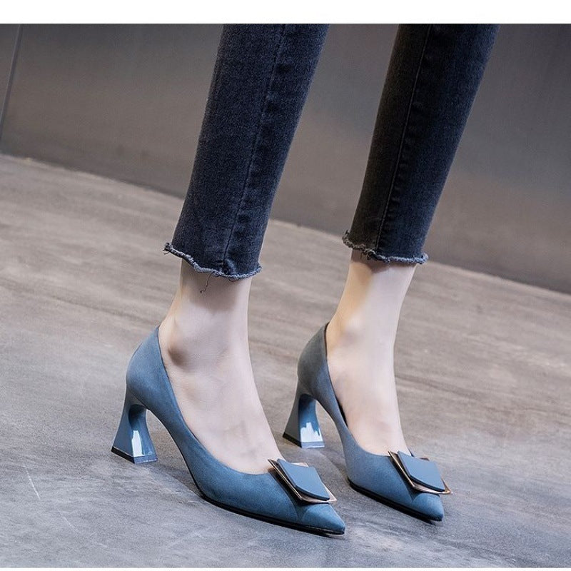 Nude Thick Mid-Heel Pointed Women's High Heels