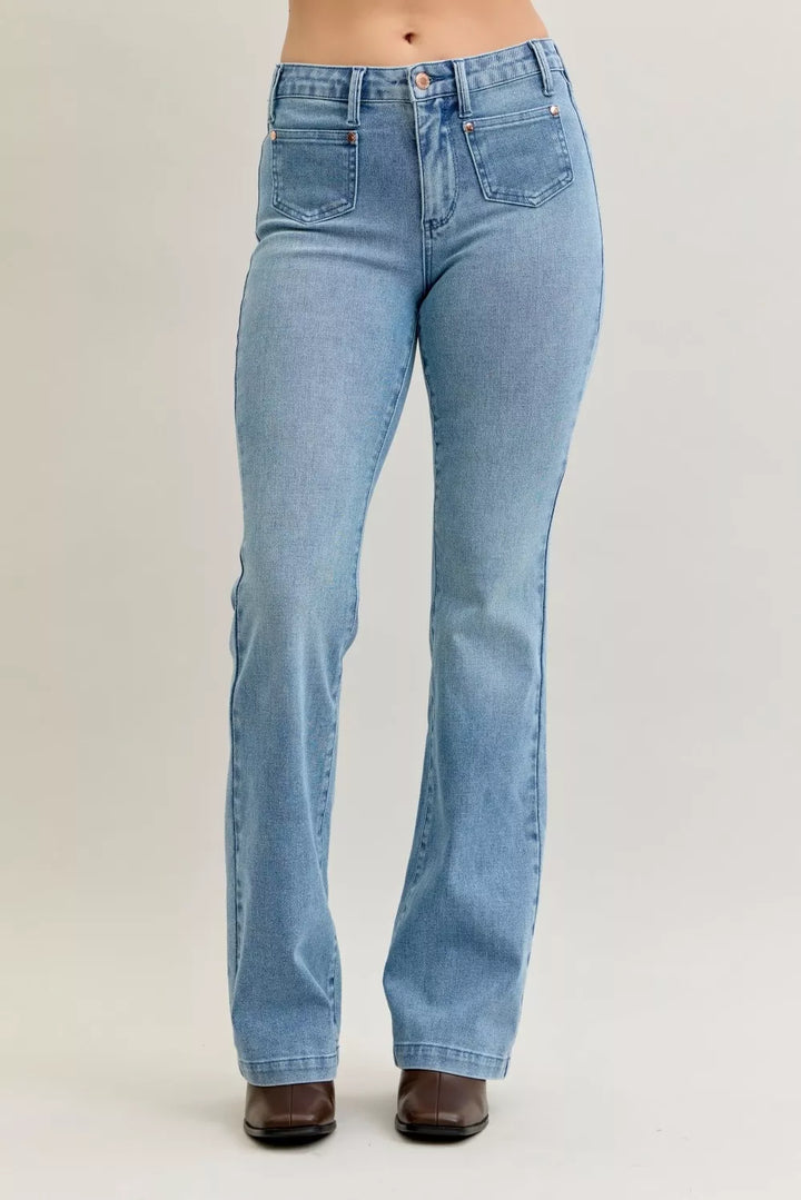 Judy Blue Full Size Mid Rise Bootcut Jeans with Contrast Wash & Front Patch Pockets Plus Size - cas7m