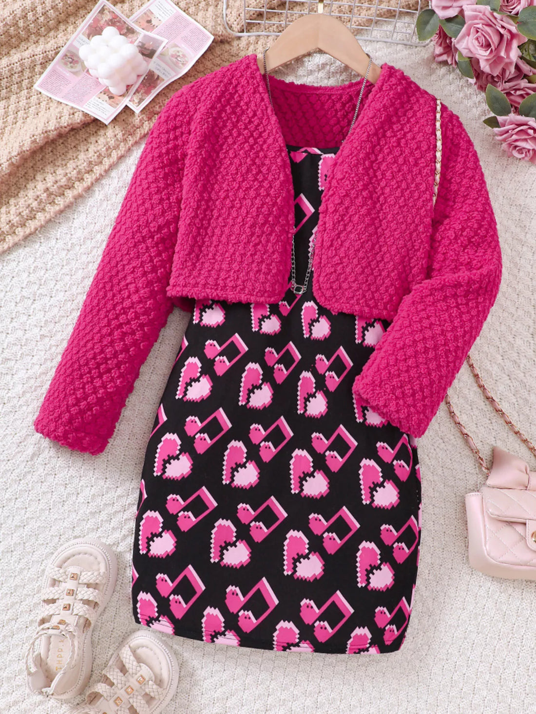 Children's Printed Dress and Cardigan Set - cas7m