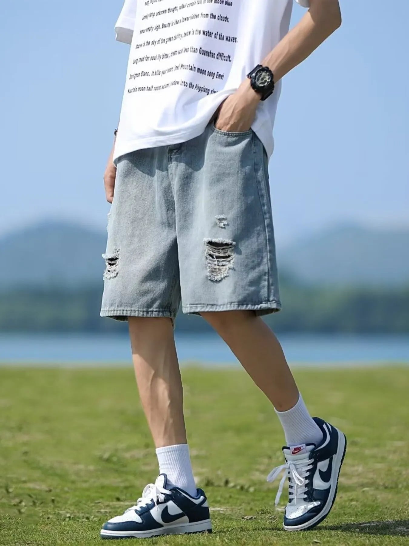Men's Full Size Casual Loose Fit Ripped Denim Shorts Plus Size - cas7m