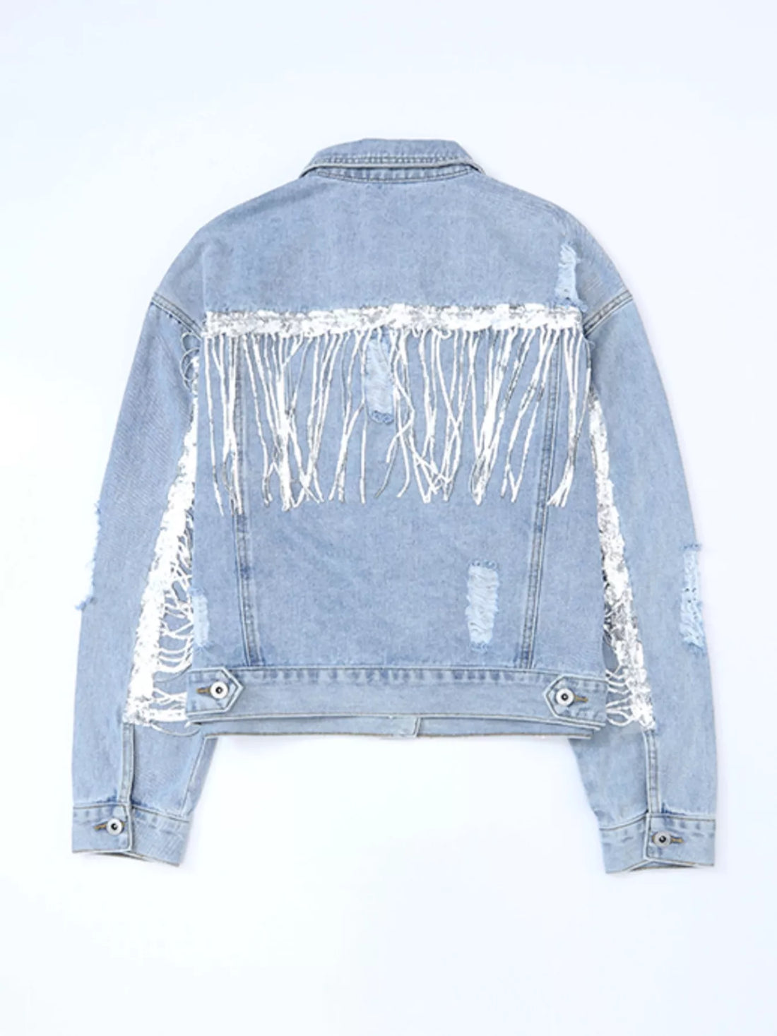 Fringed Sequin Embellished Denim Jacket - cas7m