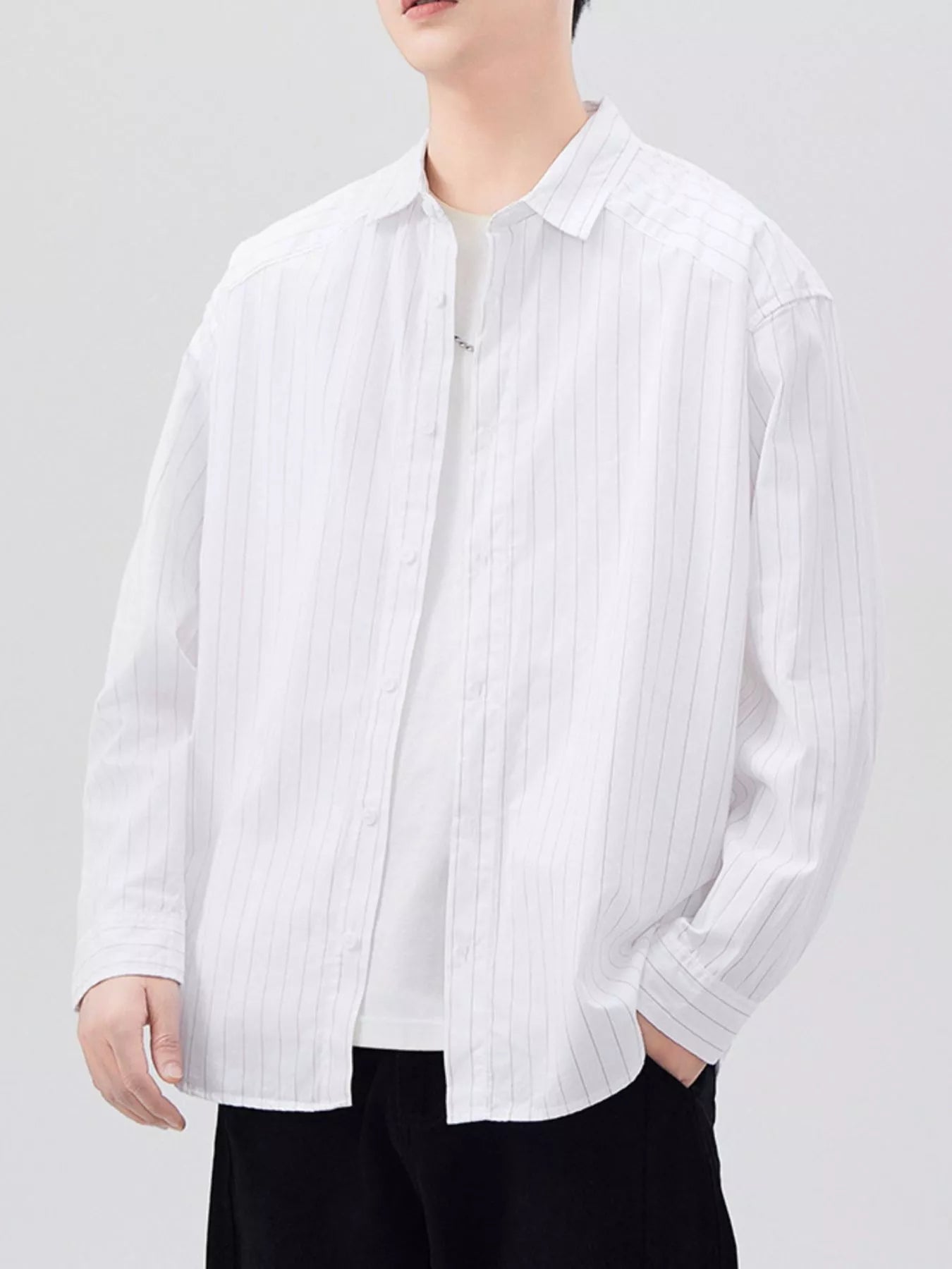 Men's Plus Size Striped Button Up Long Sleeve Shirt - cas7m