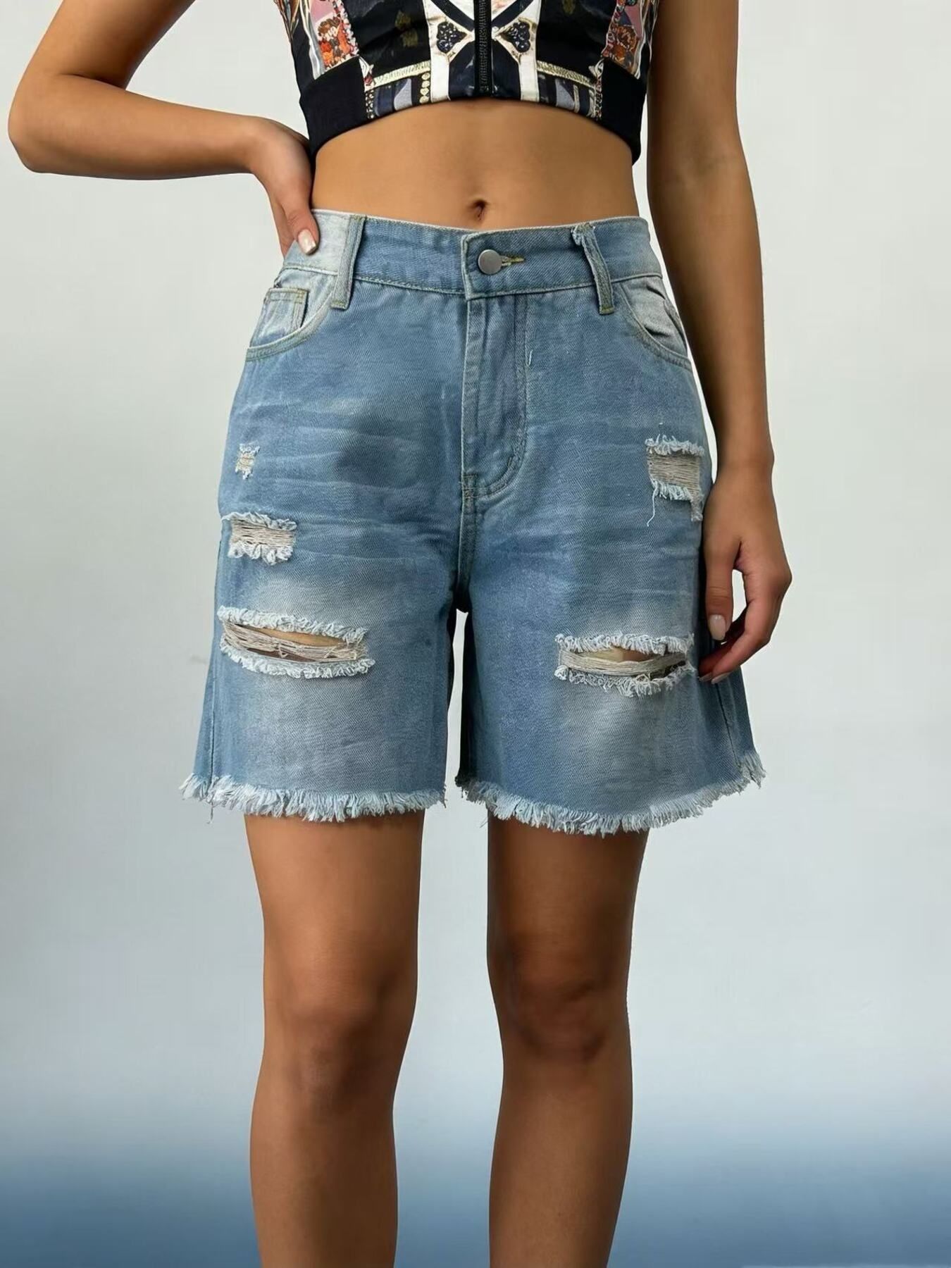 Full Size Ripped Frayed Hem Denim Shorts Plus Size - cas7m