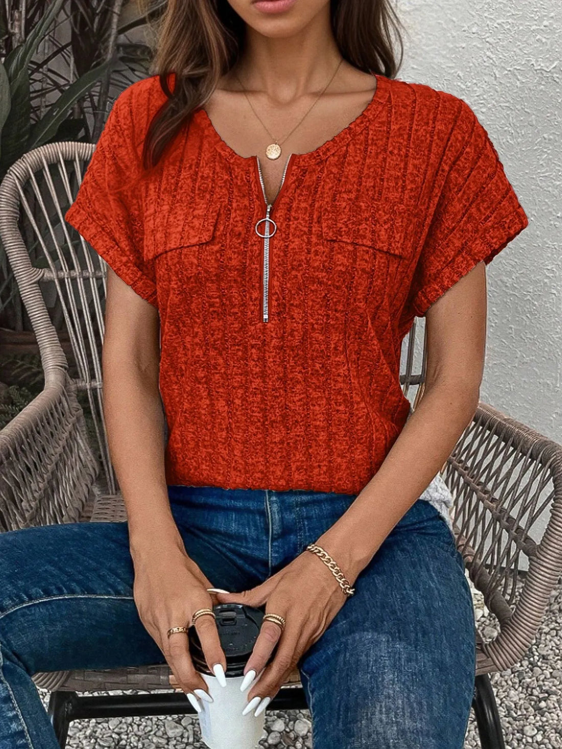 Zip-Front Short Sleeve T-Shirt - cas7m