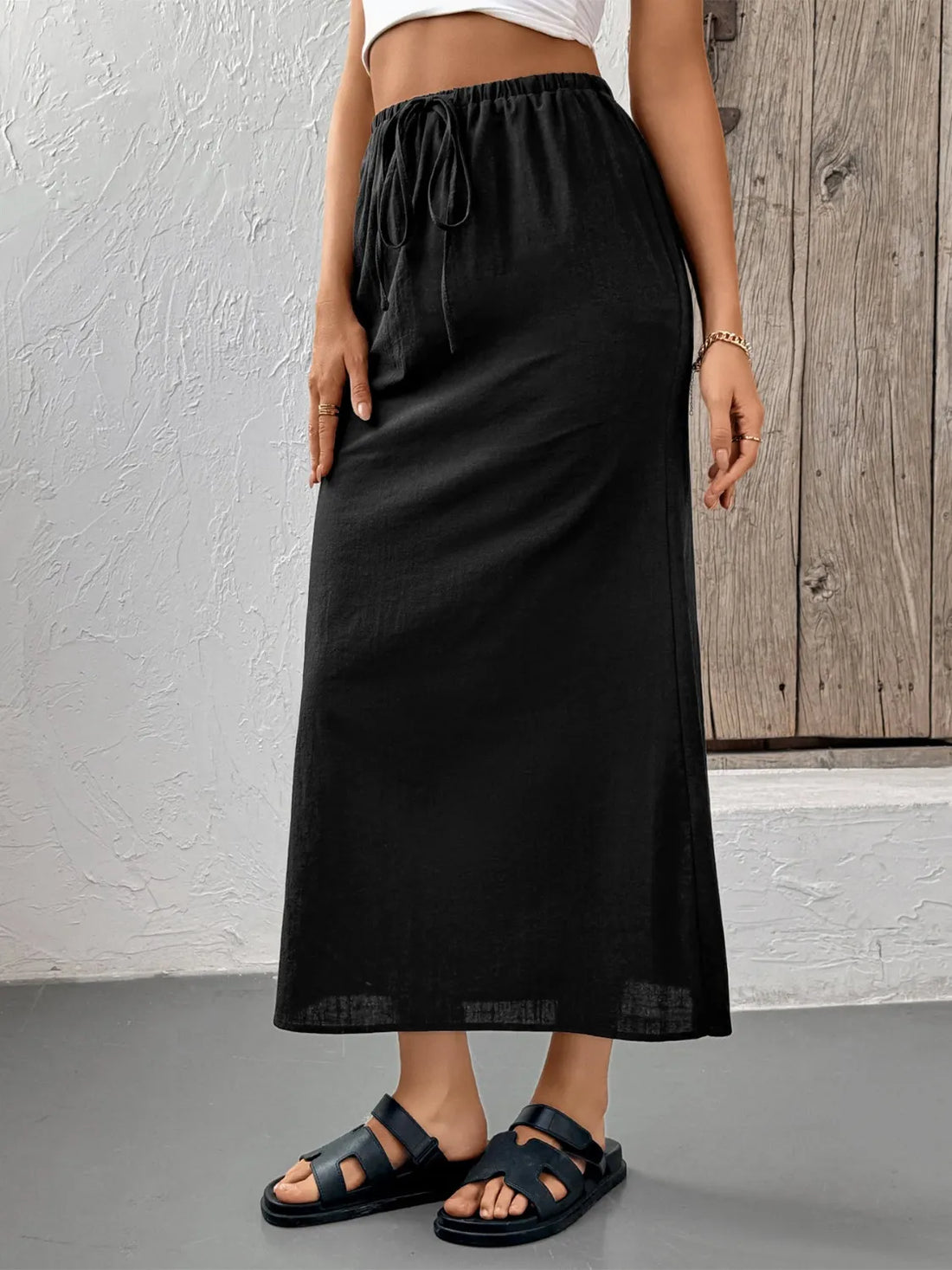 Slit Skirt with Drawstring Waist - cas7m