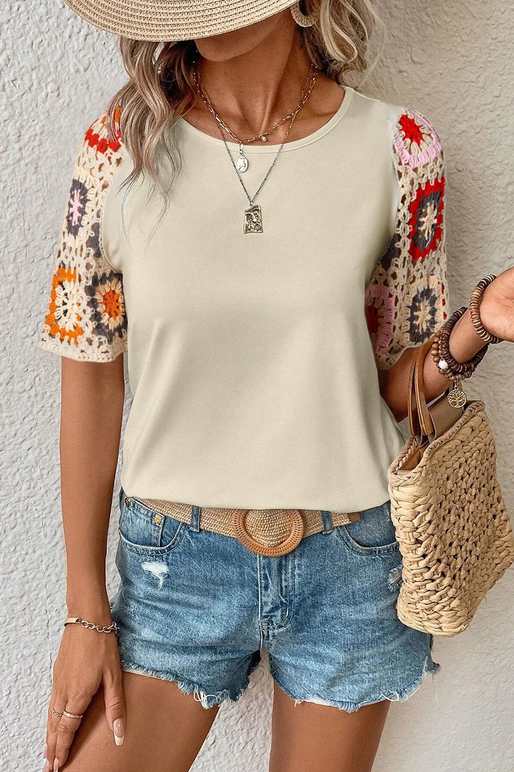 Geometric Round Neck Short Sleeve Blouse - cas7m