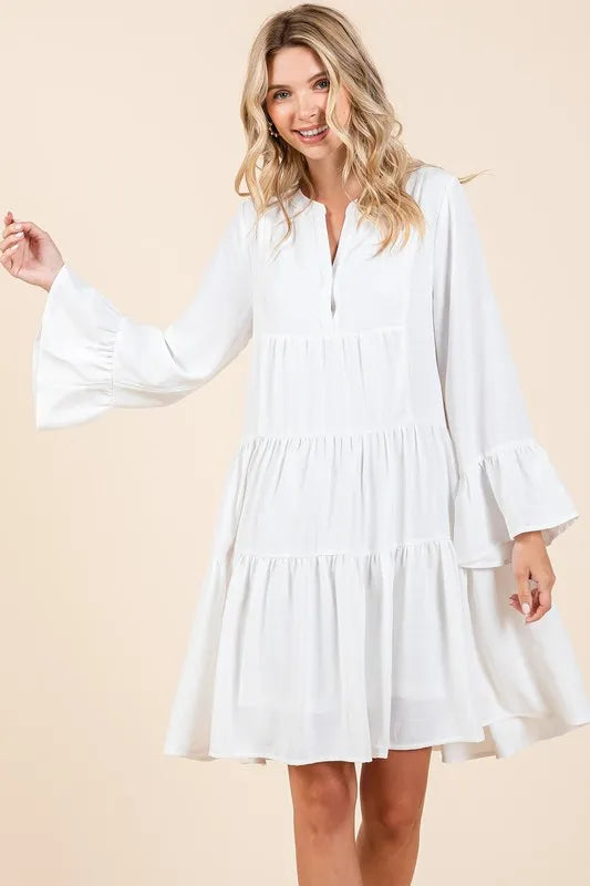 Mittoshop Tiered Notched Flare Sleeve Dress - cas7m