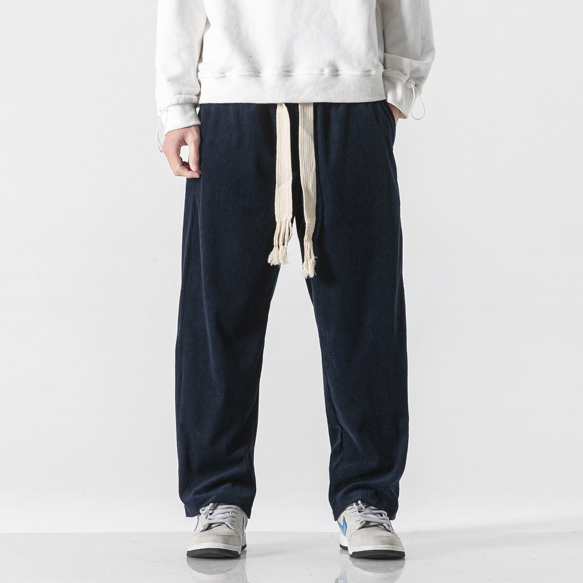 Mens Corduroy Trendy Pants With Braided Drawstring - cas7m
