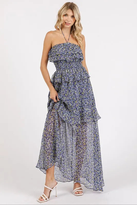Mittoshop Ruffled Smocked Floral Halter Neck Maxi Dress - cas7m
