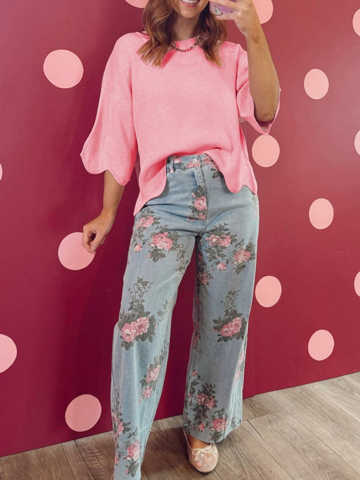Scalloped Hem 3/4 Sleeve Sweater Top - cas7m