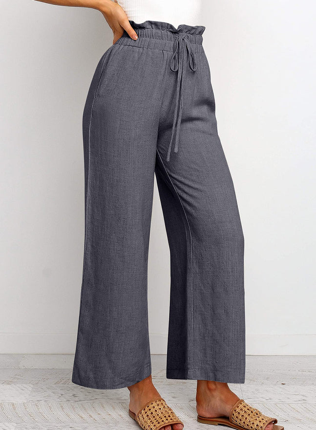 Elastic Waistband Lace-up Wide Leg Pants Solid Color Cropped Pants - cas7m