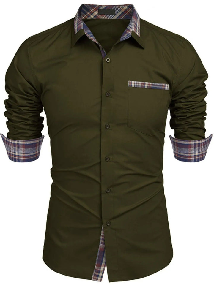 Men's Plaid Collared Neck Long Sleeve Shirt - cas7m
