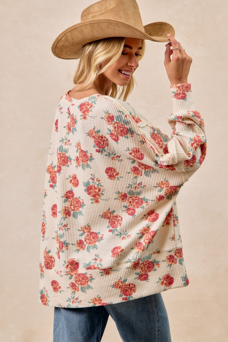 BiBi Floral Print Oversized Waffle Thermal Sweatshirt - cas7m