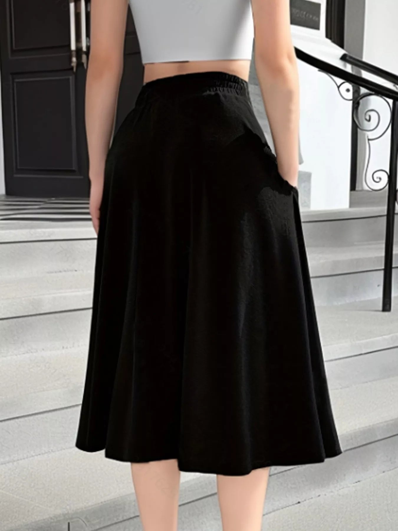 Elastic Waist A-Line Skirt with Pockets - cas7m