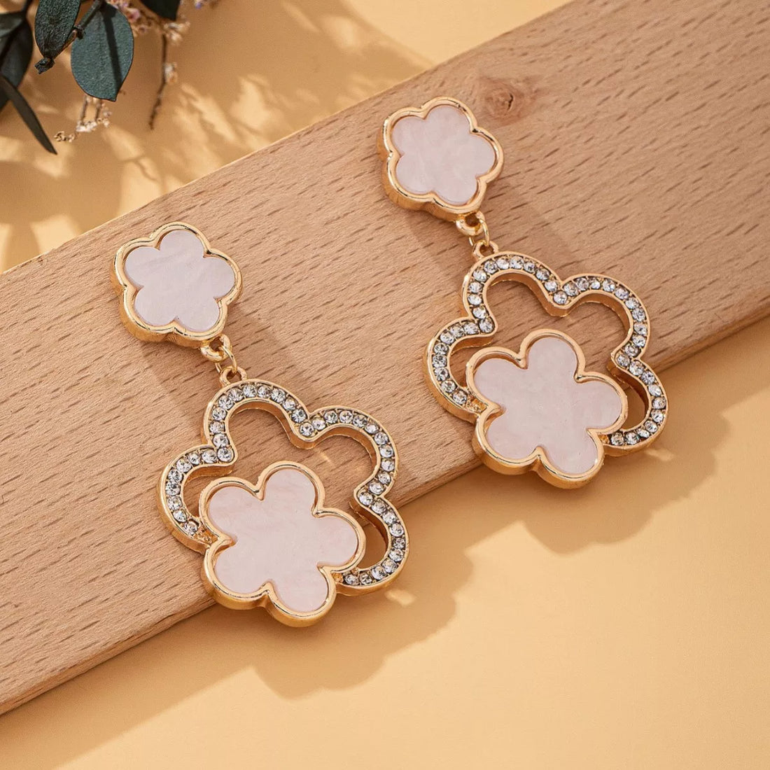 Lucky Clover Dangle Earrings with Rhinestone Accents - cas7m