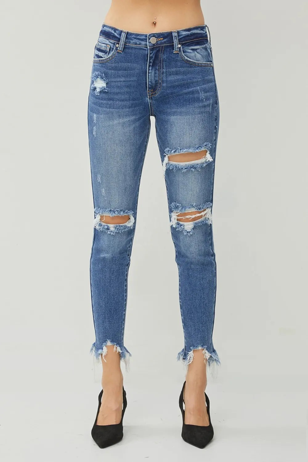 RISEN Distressed Frayed Hem Slim Jeans - cas7m