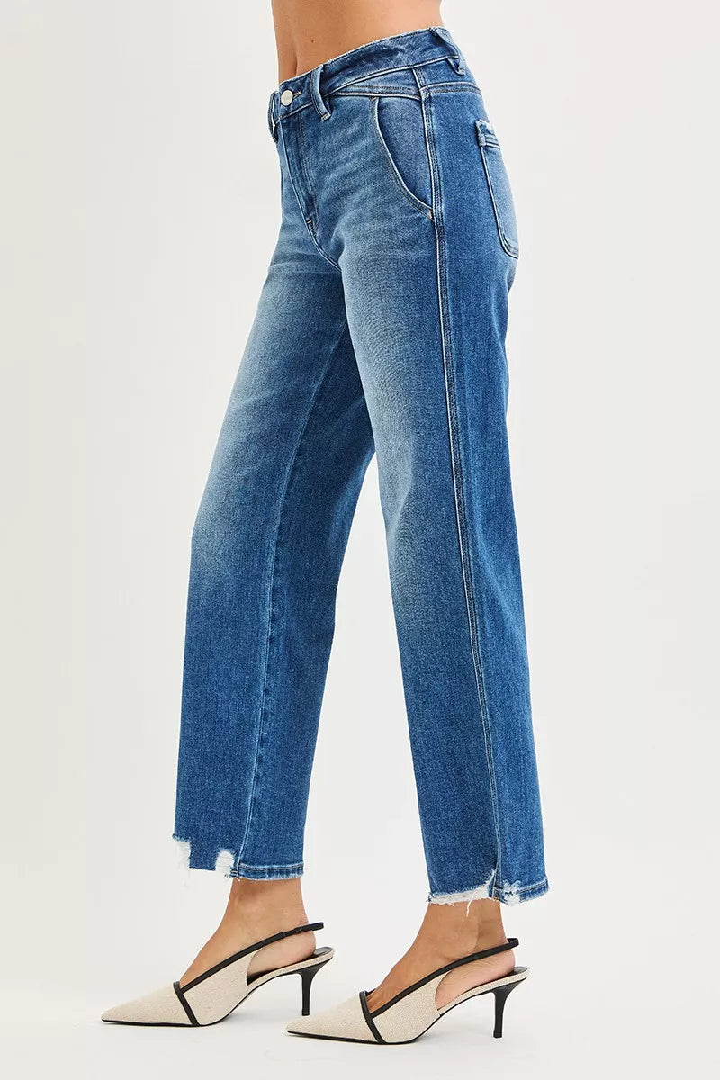 RISEN High Rise Ankle Straight Distressed Hem Detail Jeans - cas7m