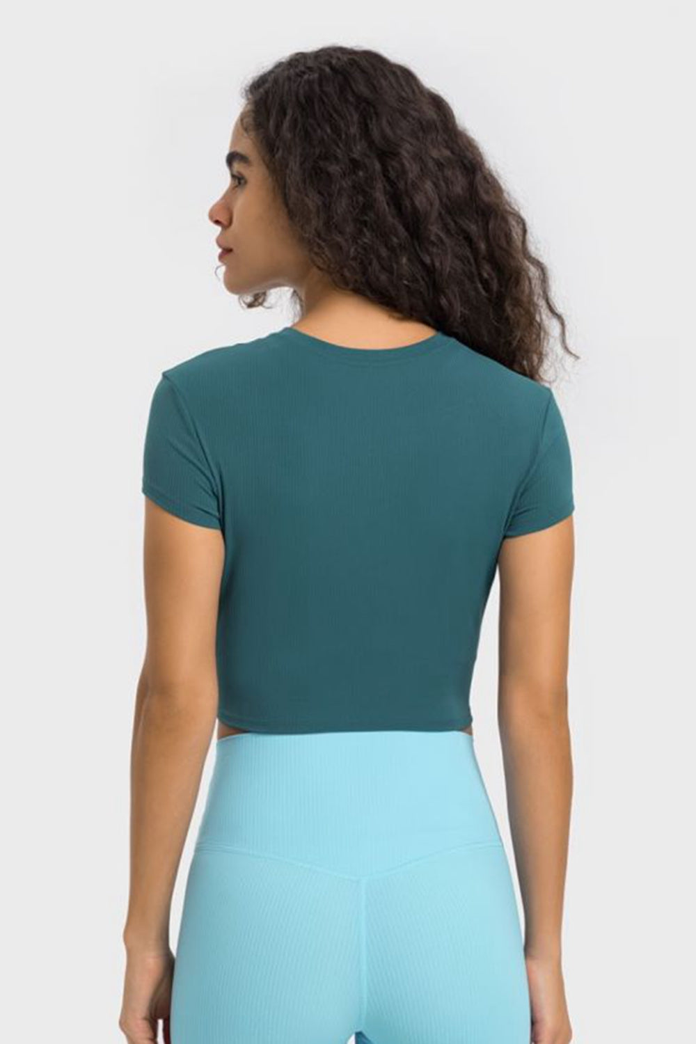 Soft Flex Cropped Yoga Top - Stretchy Solid Short Sleeve - cas7m