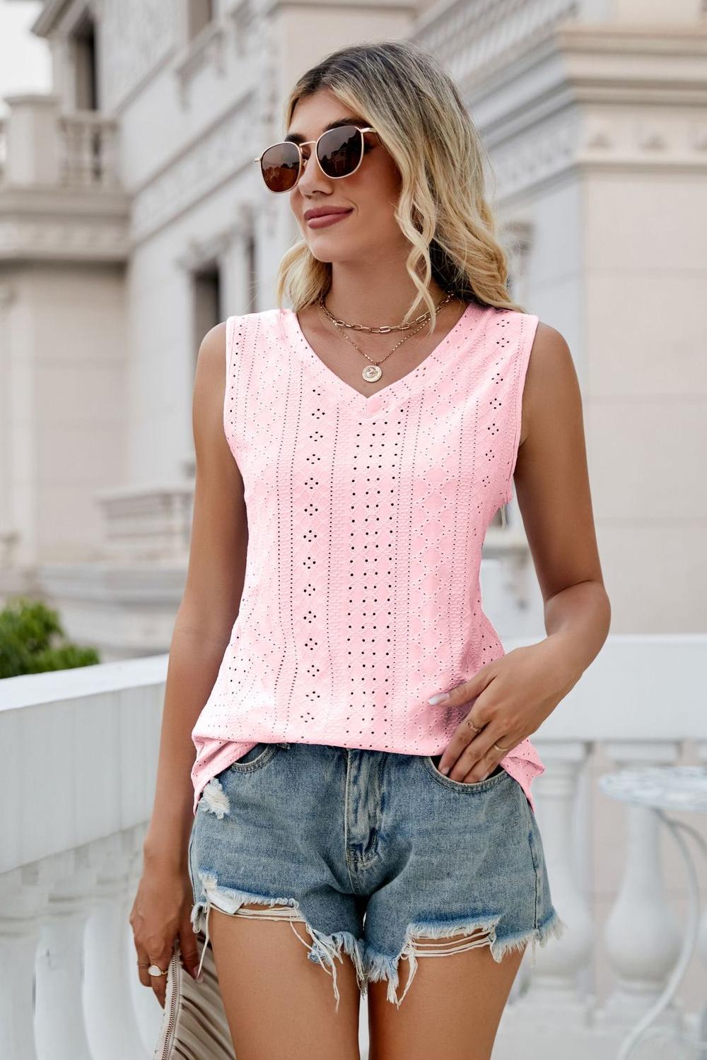 Eyelet V-Neck Tank - cas7m