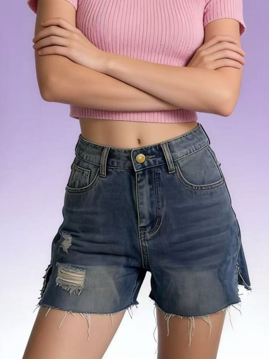 Distressed Slit Denim Shorts - cas7m