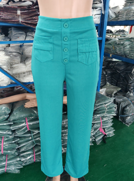 High Waist Trousers With Pockets Casual Loose Wide Leg Button Straight Pants Women's Clothing - cas7m