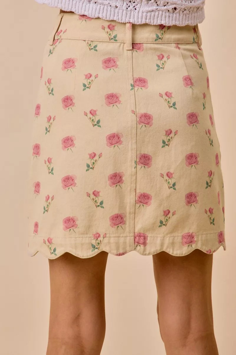 SO ME Floral Rose Print Cotton Twill Scallop Mini Skirt - cas7m