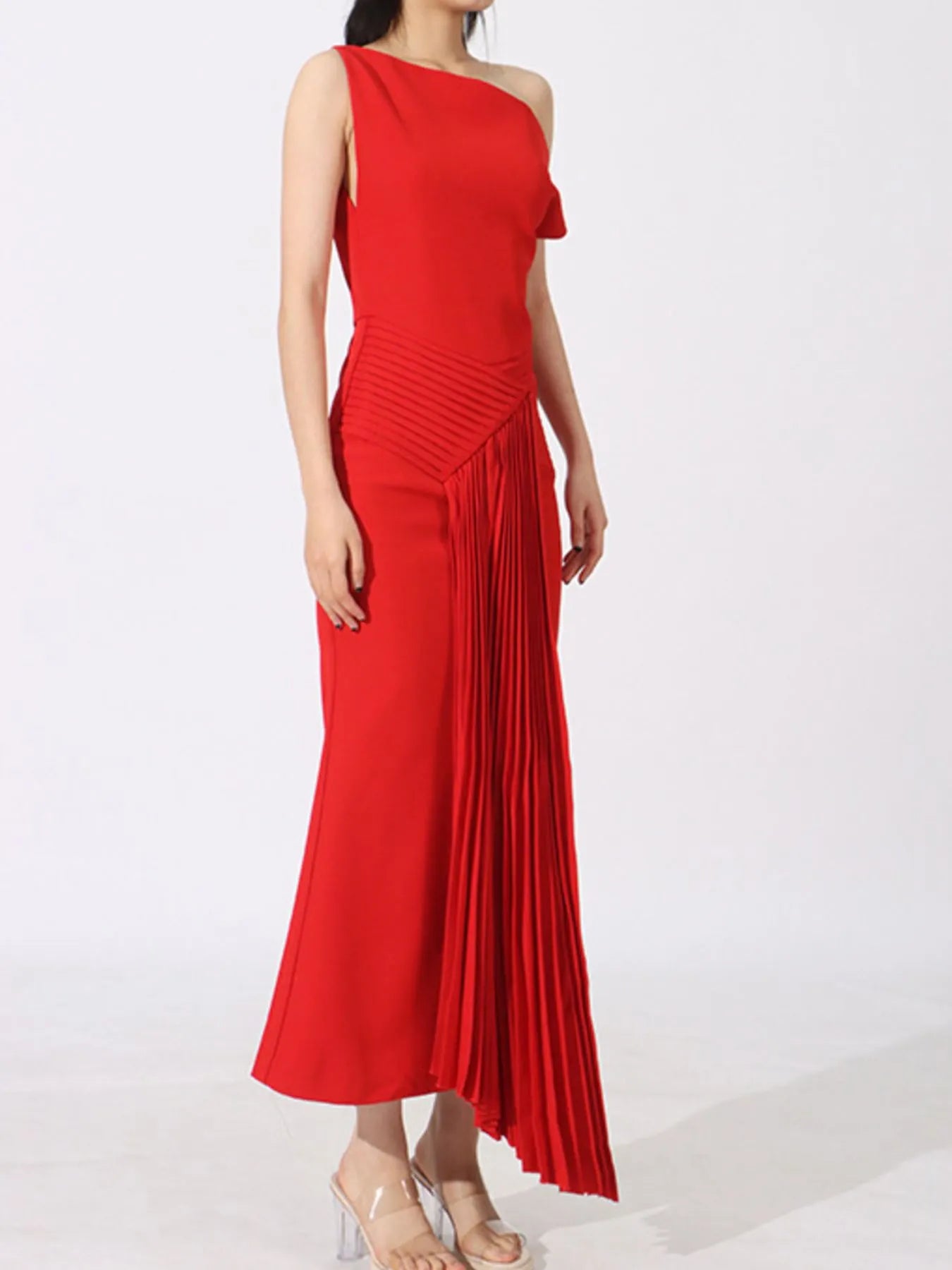 Single Shoulder Pleated Dress - cas7m