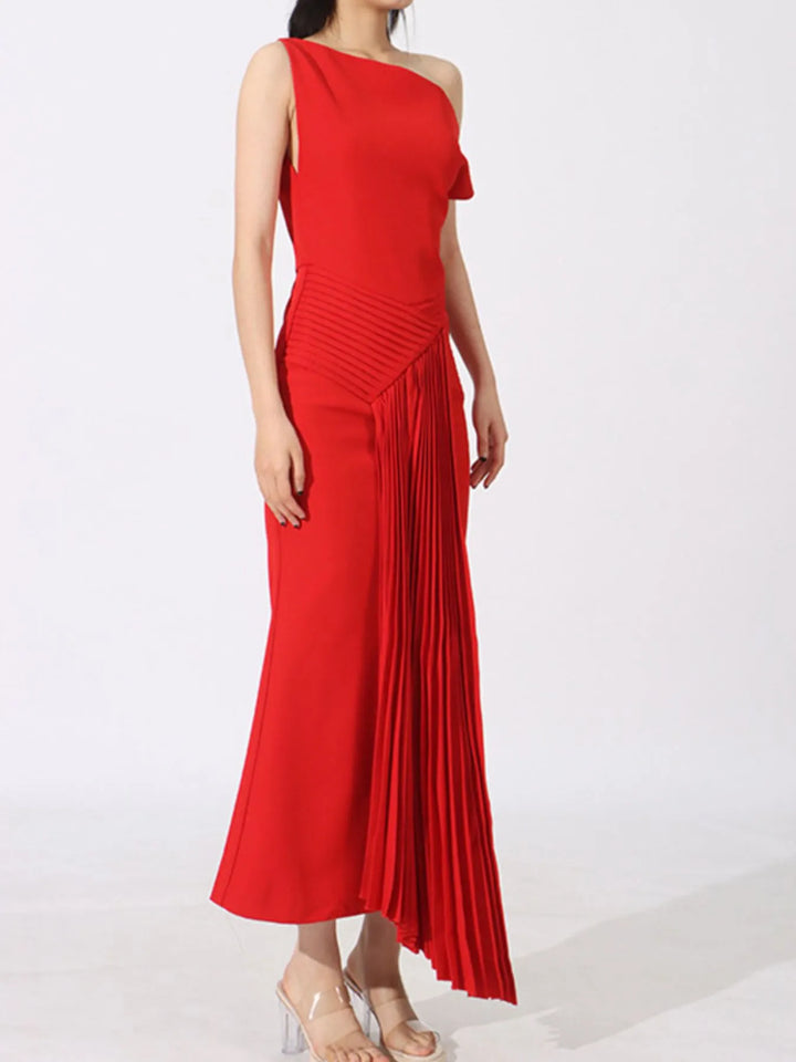 Single Shoulder Pleated Dress - cas7m